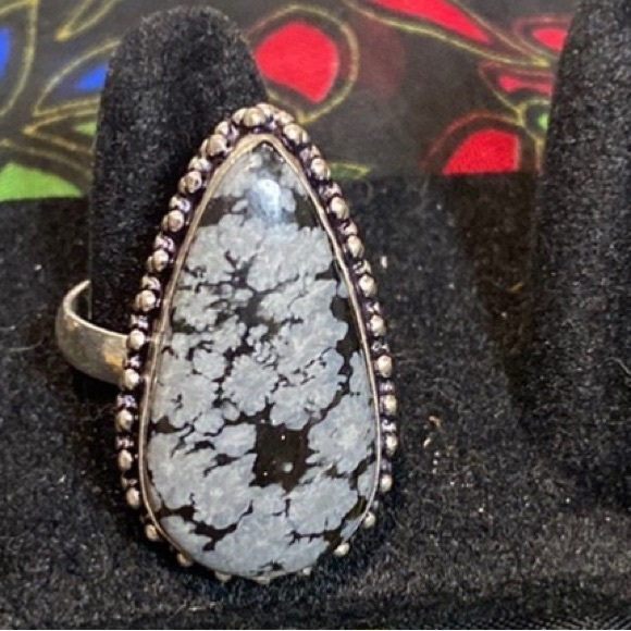 Ring NWOT Snowflake Obsidian .925 sterling Plated black teardrop  adj. to sz 10 - Picture 5 of 5